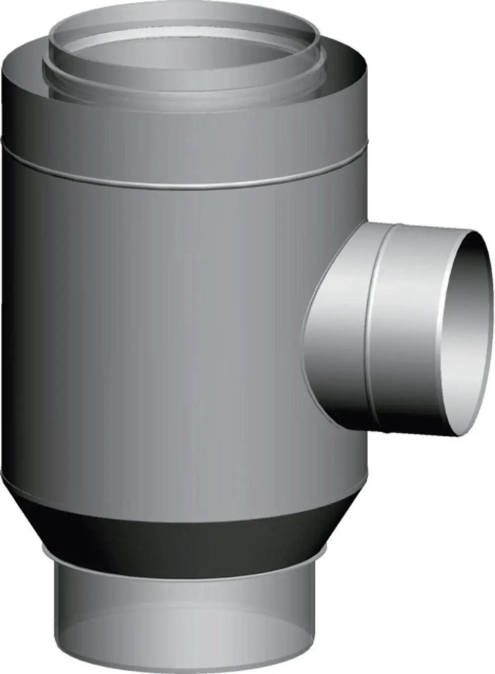 Polypropylen-Adapter mit zylindrischer Form und zwei Anschlüssen, einer davon seitlich, für die Verbindung von Rohren in Installationen, geeignet für Systeme wie die von Wolf.
